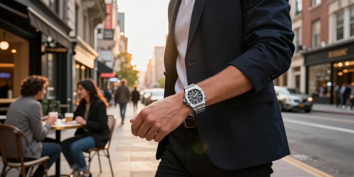 Stylish individual showcasing super clone watches in an urban lifestyle setting