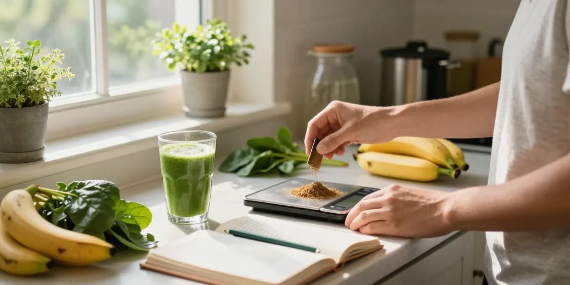 Healthy lifestyle preparation with Happy Go Leafy's white maeng da kratom powder and smoothie ingredients in a sunlit kitchen.