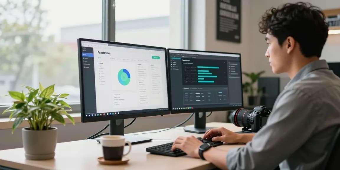 Professional using AI productivity tools at a modern tech workspace, showcasing dual monitors and a bright atmosphere.