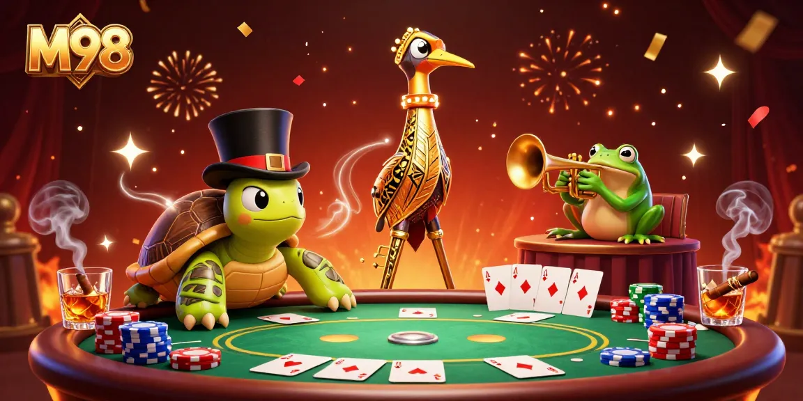 M98 engagement at a lively speakeasy bar scene with colorful poker chips and cards.