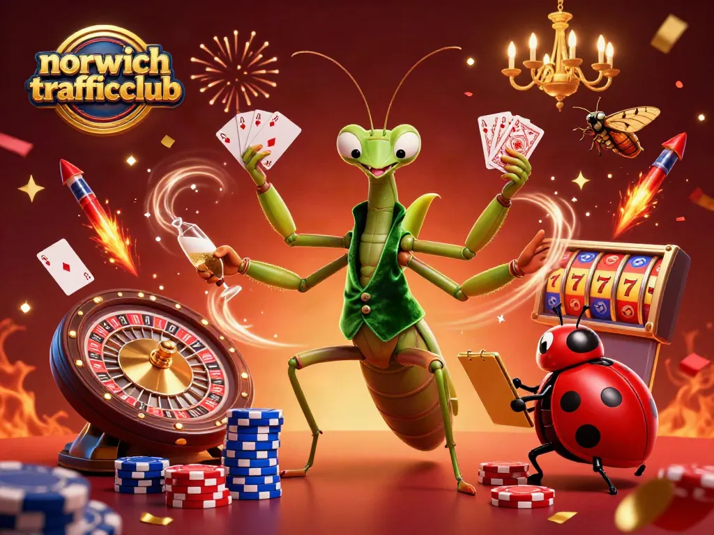 Experience thrilling action with norwichtrafficclub as a giant praying mantis deals cards in a vibrant casino.
