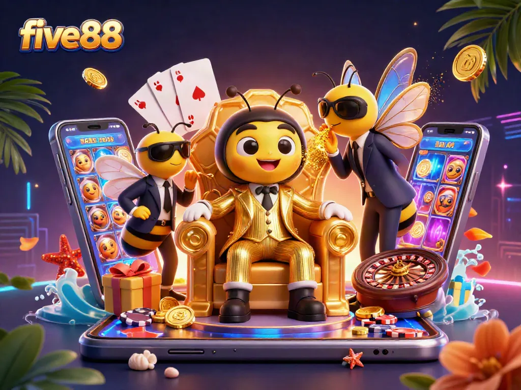 Experience thrilling gameplay at five88 with a vibrant casino-themed 3D illustration featuring dynamic gaming elements.