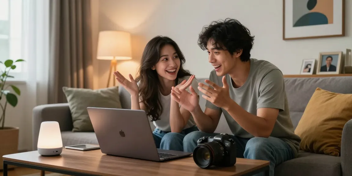 Engaging AI sex chat moment in a cozy living room setting with a couple on a laptop.