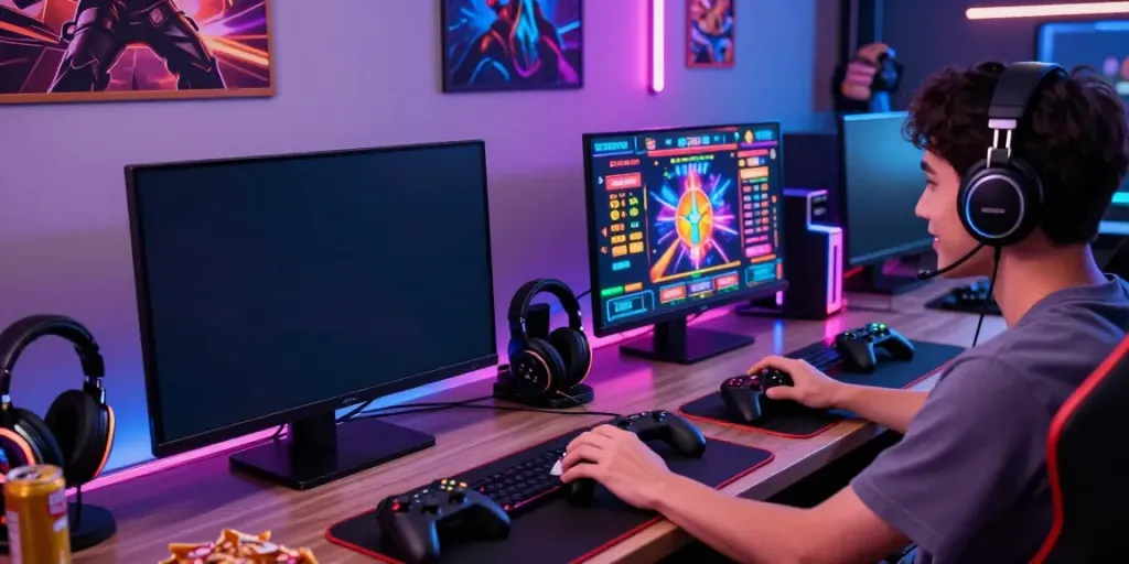 GEM88 gaming setup with vibrant visuals, energetic atmosphere, and gamer immersed in action.