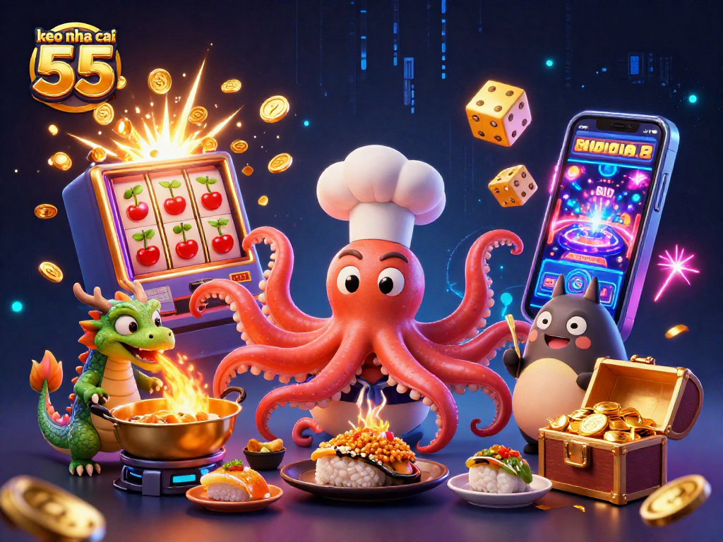 Experience thrilling moments playing keo nha cai 55 with vibrant characters in an energetic casino illustration.