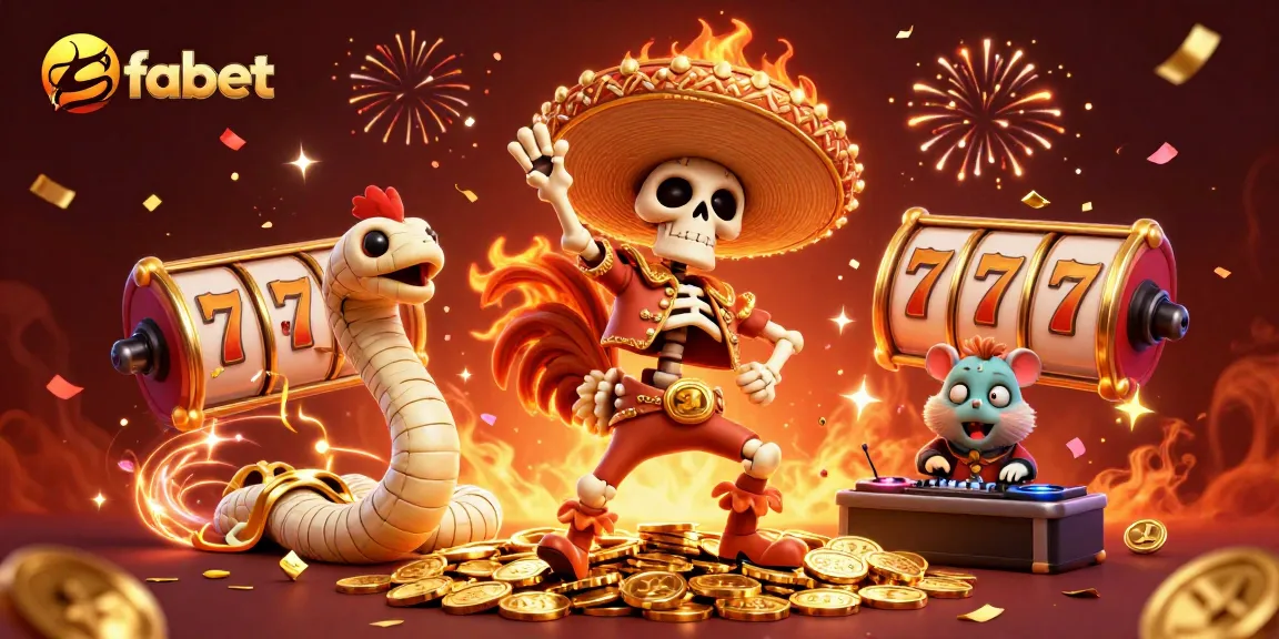 Experience vibrant gameplay at fabet with festive characters celebrating on a gold coin pile.