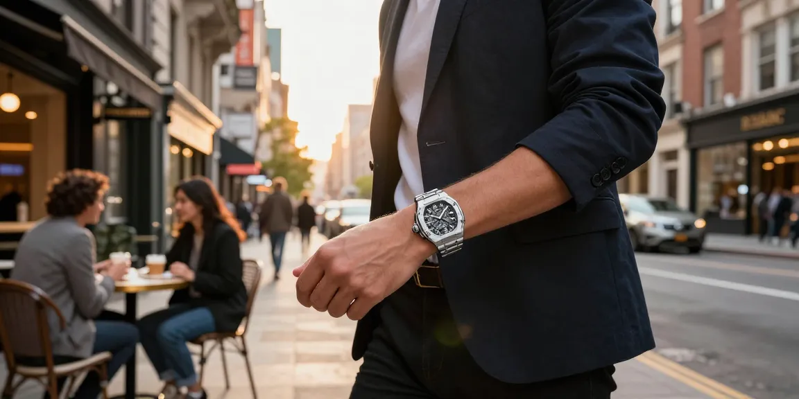 Stylish individual showcasing super clone watches in an urban lifestyle setting