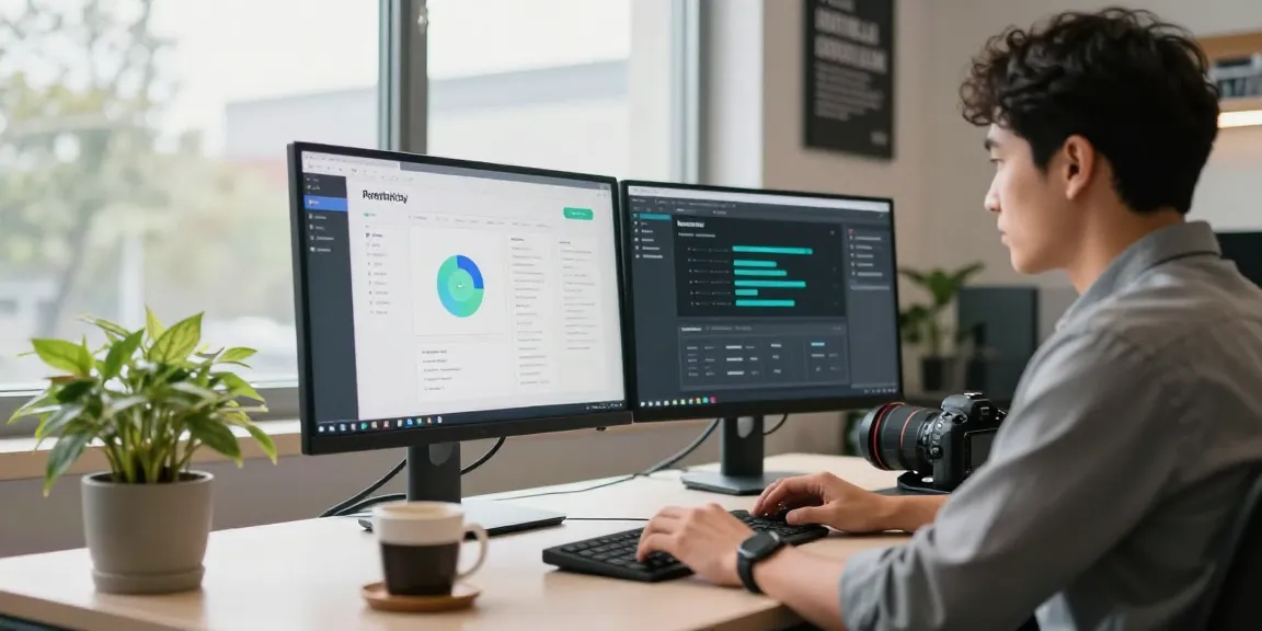 Professional using AI productivity tools at a modern tech workspace, showcasing dual monitors and a bright atmosphere.