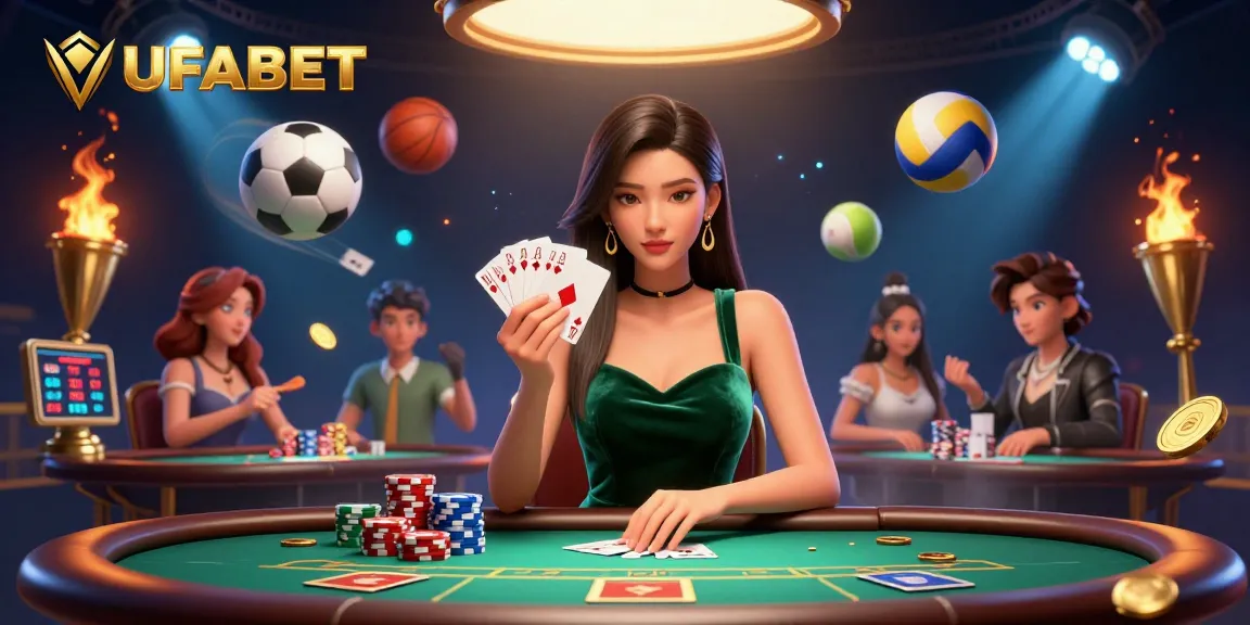 UFABET offers an engaging poker atmosphere with a stunning Asian dealer and dynamic betting elements.
