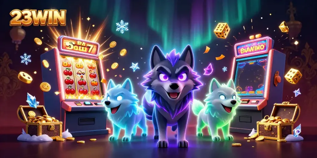 Experience thrilling slots and casino action with the vibrant 23WIN gaming illustration.
