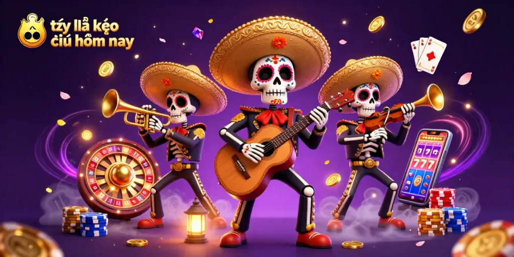 Engage with tỷ lệ kèo nhà cái hôm nay while enjoying a vibrant scene of a mariachi band amid casino elements.