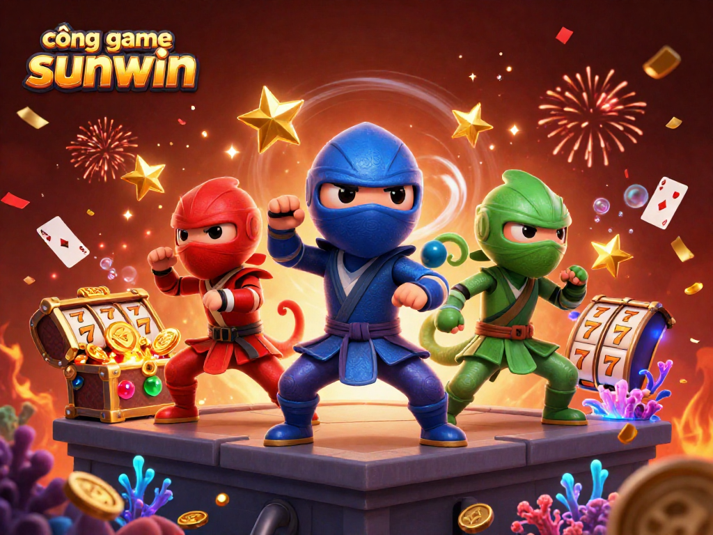 Engage with cổng game sunwin as the ninja chameleon team performs thrilling moves amidst vibrant casino elements.