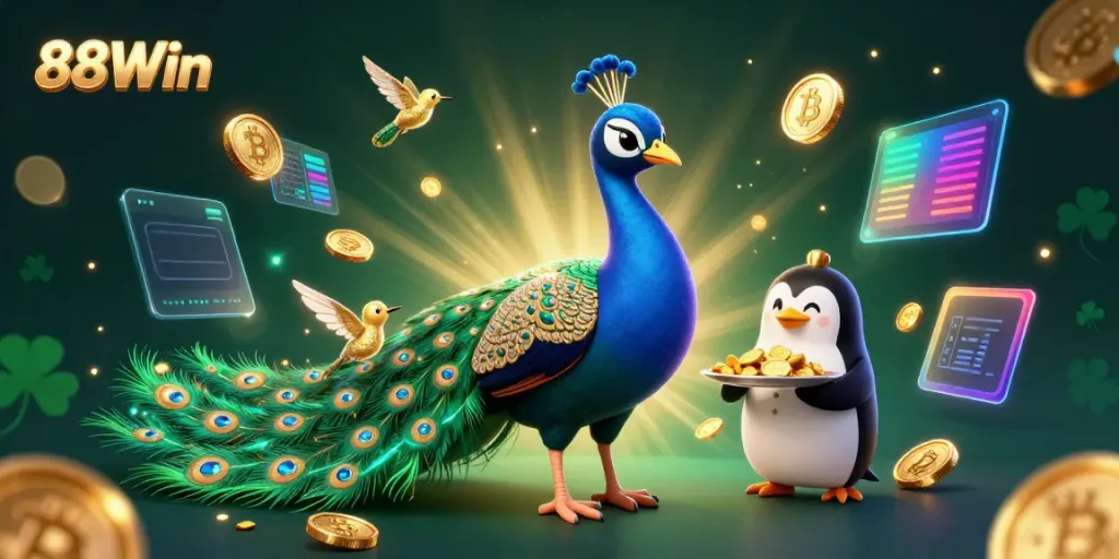 Experience thrilling gaming action at 88Win with vibrant characters and crypto elements in a festive casino atmosphere.