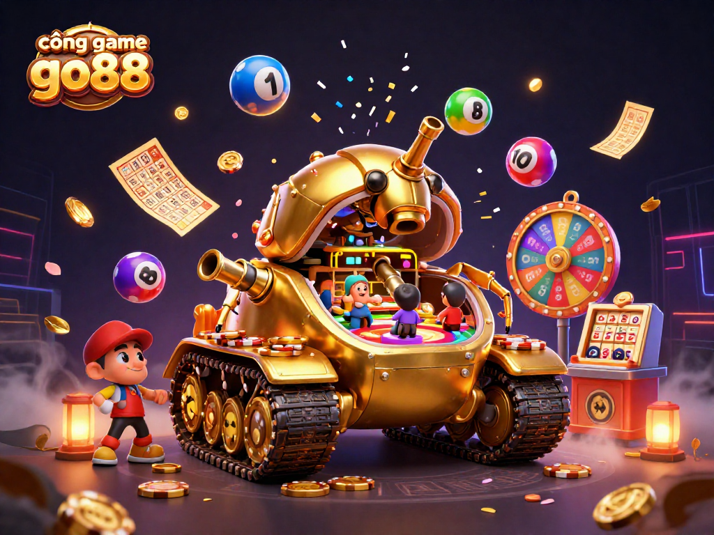 Engage with cổng game go88, showcasing a golden beetle tank casino filled with vibrant gambling elements.