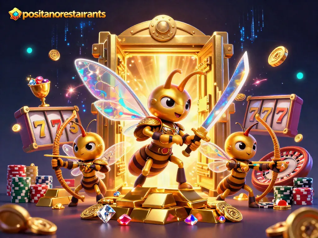 Positanorestaurants casino scene showcasing a giant hornet in samurai armor amidst poker chips and a roulette wheel.