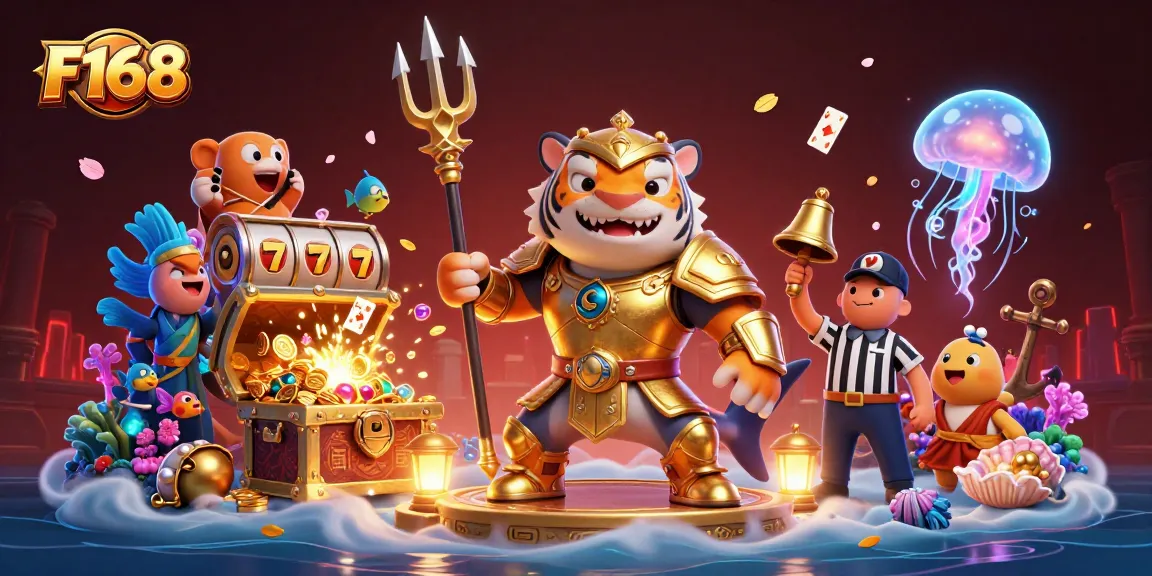 F168 showcases an action-packed underwater casino scene with vibrant characters and slot elements.