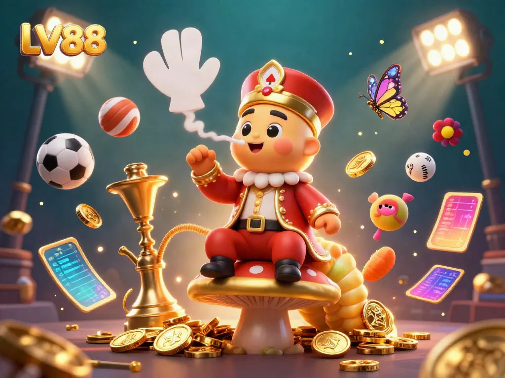 Engaging illustration of LV88 featuring a cartoon hookah-master surrounded by casino elements, perfect for online gaming.