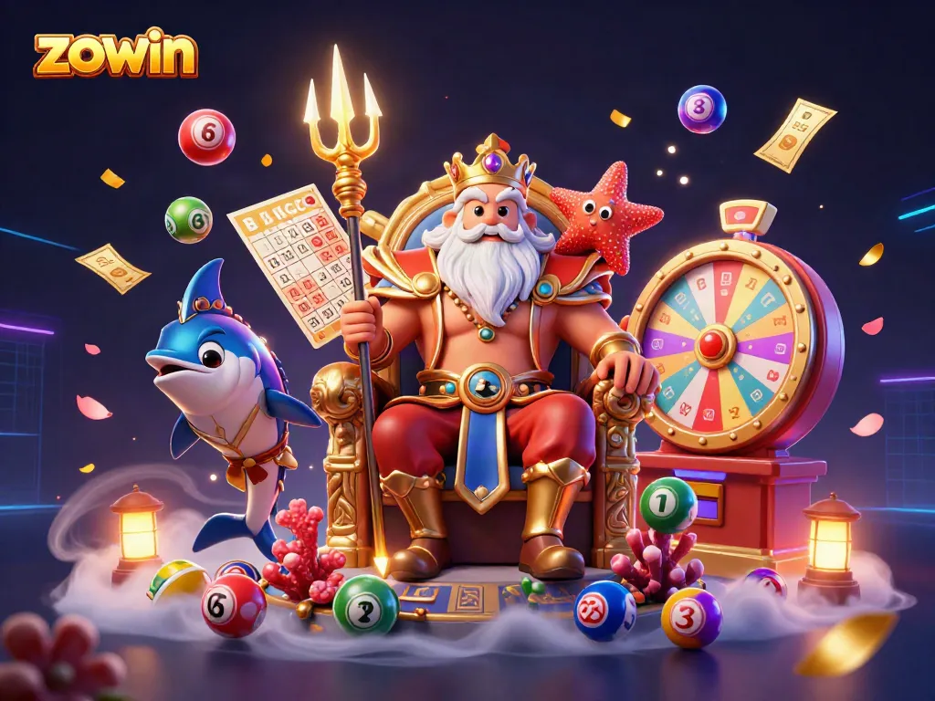 Engage in thrilling lottery gaming with Zowin's colorful elements and animated characters.