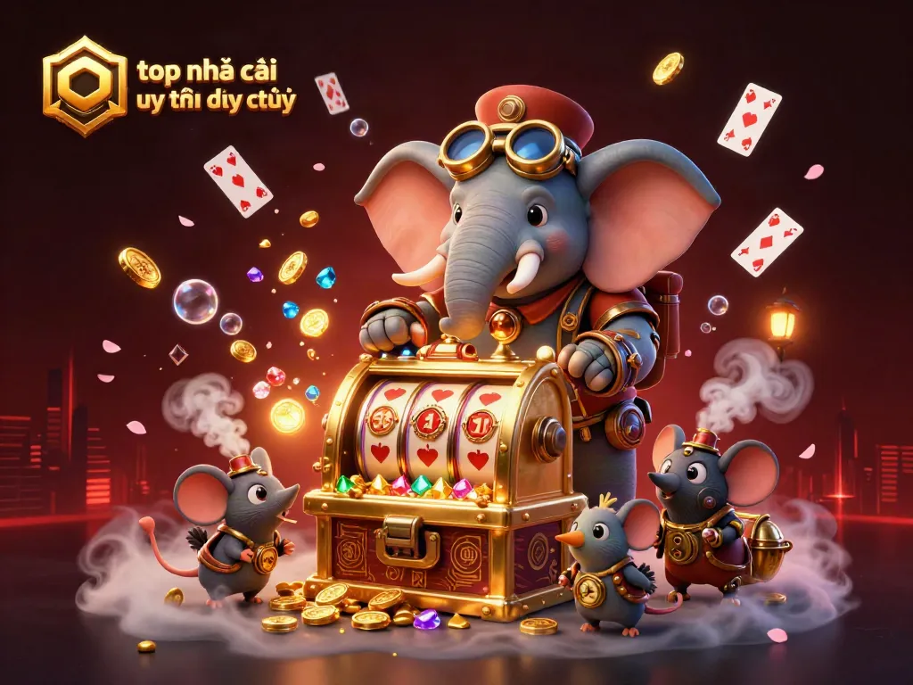 Experience the thrill of top nhà cái uy tín đáng chú ý featuring a steampunk elephant and golden slot machine