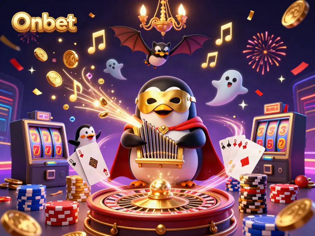 Onbet celebrates with a 3D cartoon penguin playing an organ showering coins in a festive casino