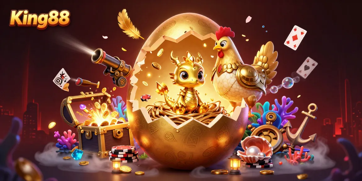 King88 features an exciting golden dragon emerging from a colossal egg on a poker chip nest.