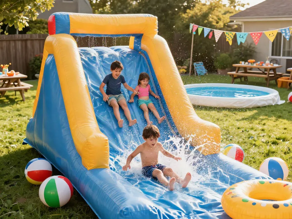 Children sliding in the water on an inflatable water slide, enjoying a summer day.