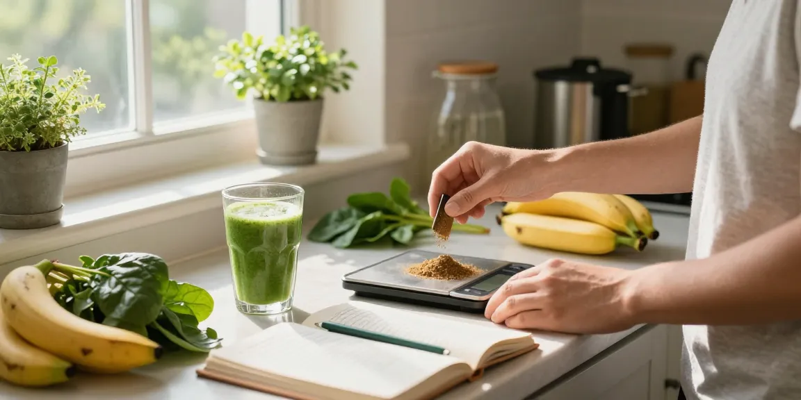 Healthy lifestyle preparation with Happy Go Leafy's white maeng da kratom powder and smoothie ingredients in a sunlit kitchen.