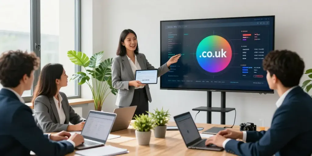 Engaged professionals collaborating on buying .co.uk domain in a modern office.