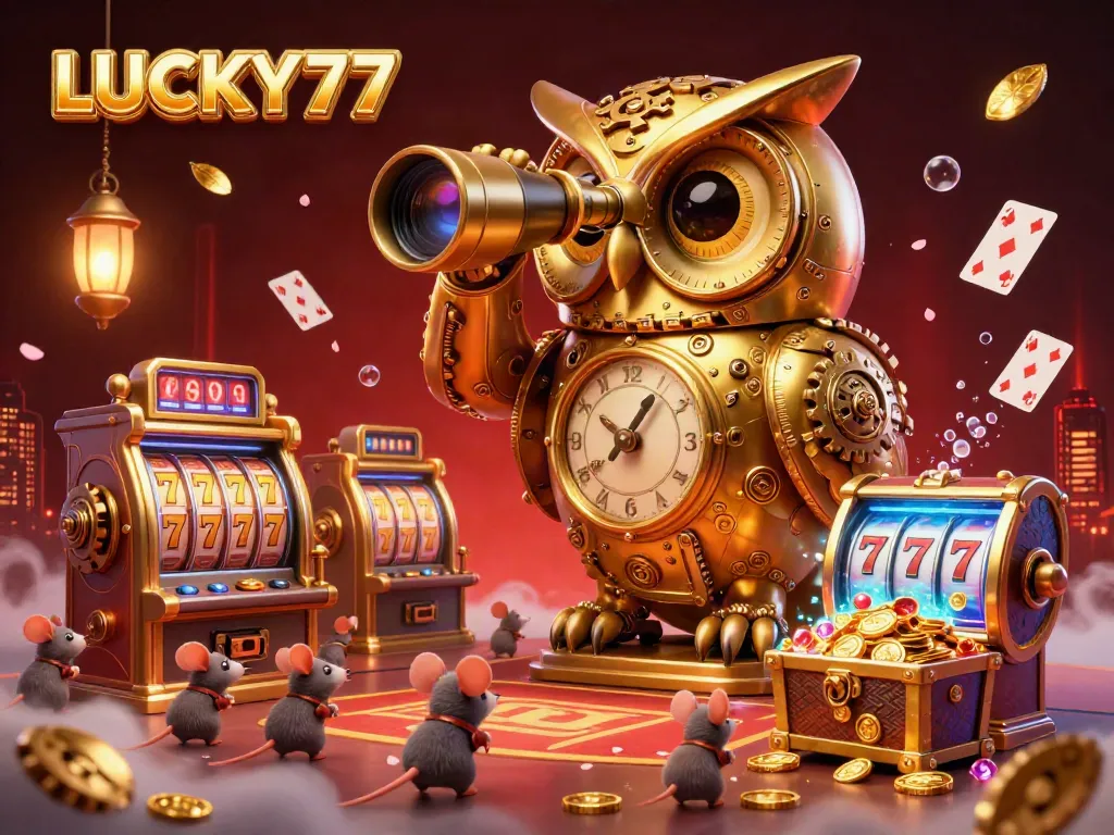 Experience the thrill of LUCKY77 with a lively casino scene featuring animated characters and vibrant game elements.