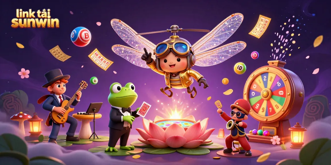 Engage with link tải sunwin as a cartoon dragonfly pilot leads thrilling casino games amidst colorful lottery elements.