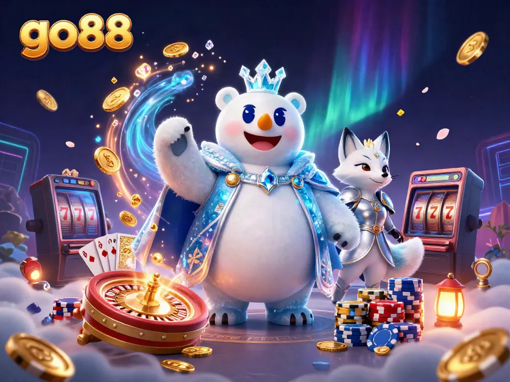 Experience the thrilling go88 games with a vibrant 3D scene featuring polar characters amidst casino excitement.