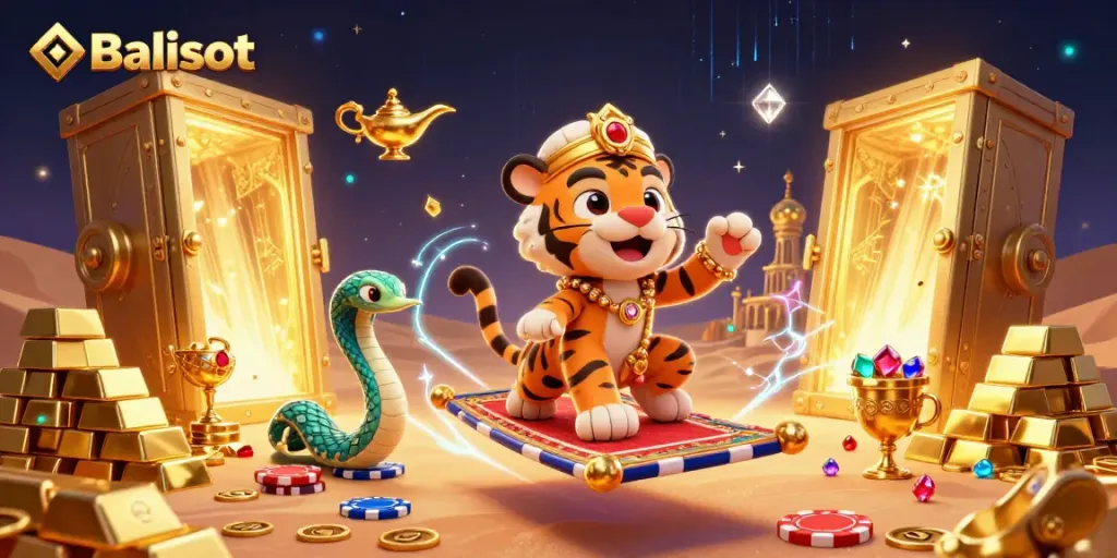 Experience vibrant gameplay at Balislot with a magical Arabian Nights scene filled with treasures.
