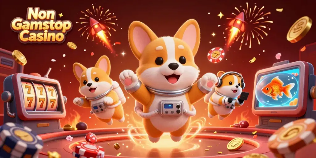 Engage with the Non Gamstop Casino experience featuring an astronaut corgi in a vibrant, dynamic casino scene.