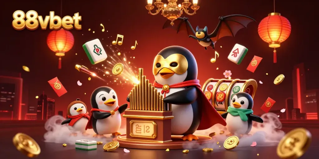 Engage the excitement of 88vbet with a dynamic scene of a penguin playing for jackpots and abundant luck.