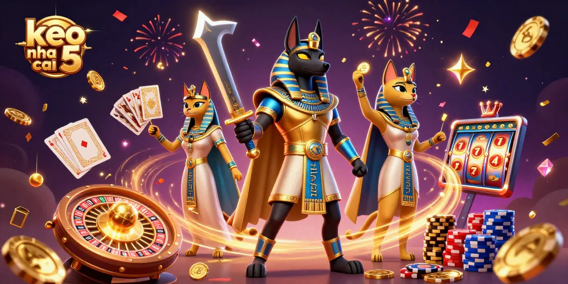 Discover the excitement of keo nha cai 5 with Anubis and Bastet amidst vibrant casino elements.