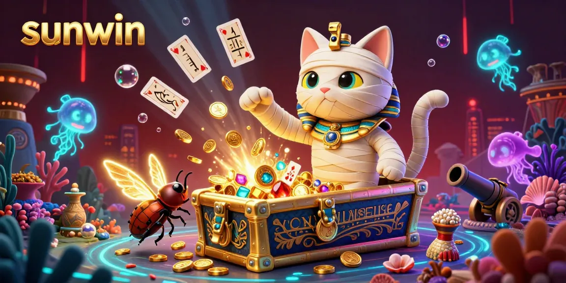 Play exciting casino games with sunwin in a vibrant 3D scene featuring a mummy cat and golden treasures.