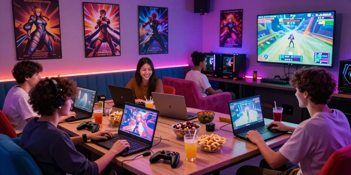 Exciting group of friends playing ecchi games in a vibrant gaming lounge.
