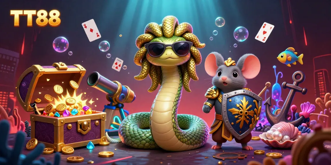 Experience the fun at TT88 with a vibrant underwater scene featuring a friendly Medusa and exciting gambling elements.