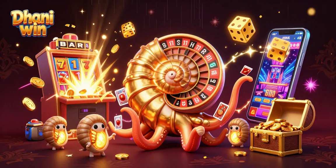 Dhani win online gaming scene featuring a giant nautilus roulette wheel, colorful slot explosion, and dynamic gameplay action.