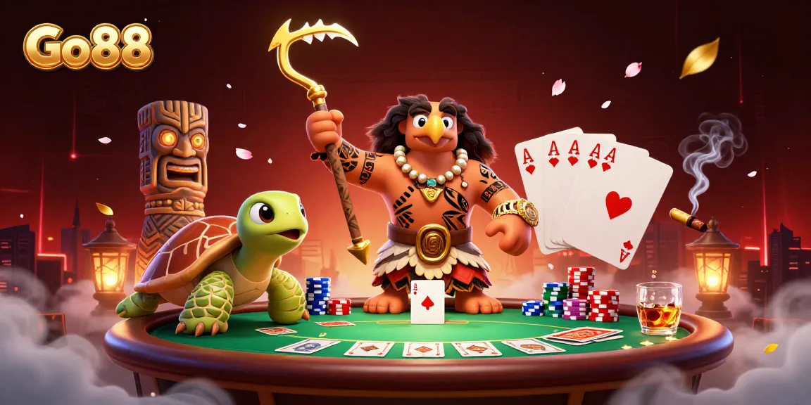 Engage in thrilling poker at Go88, featuring vibrant characters and winning cards in a dynamic casino setting.
