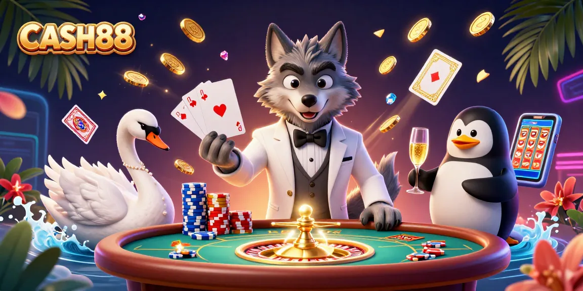 CASH88 immersive gaming scene with a classy wolf, elegant swan, and penguin, showcasing thrilling casino action.
