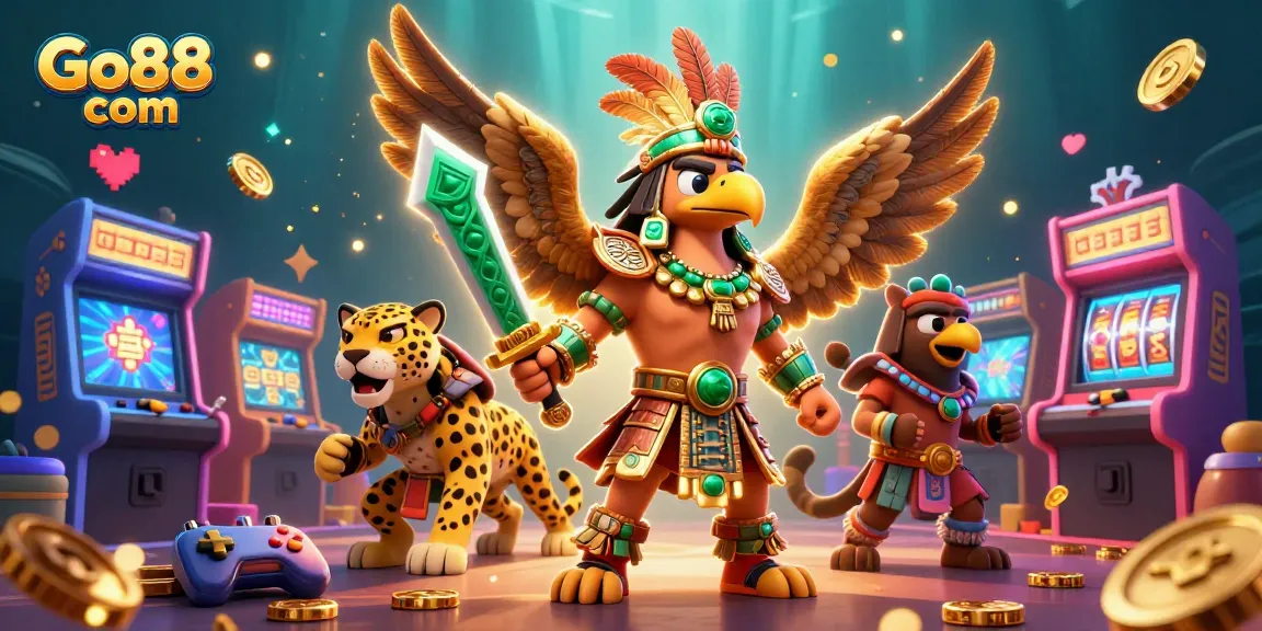 Experience the excitement of Go88 com with an engaging 3D scene featuring dynamic gaming elements and vibrant characters.