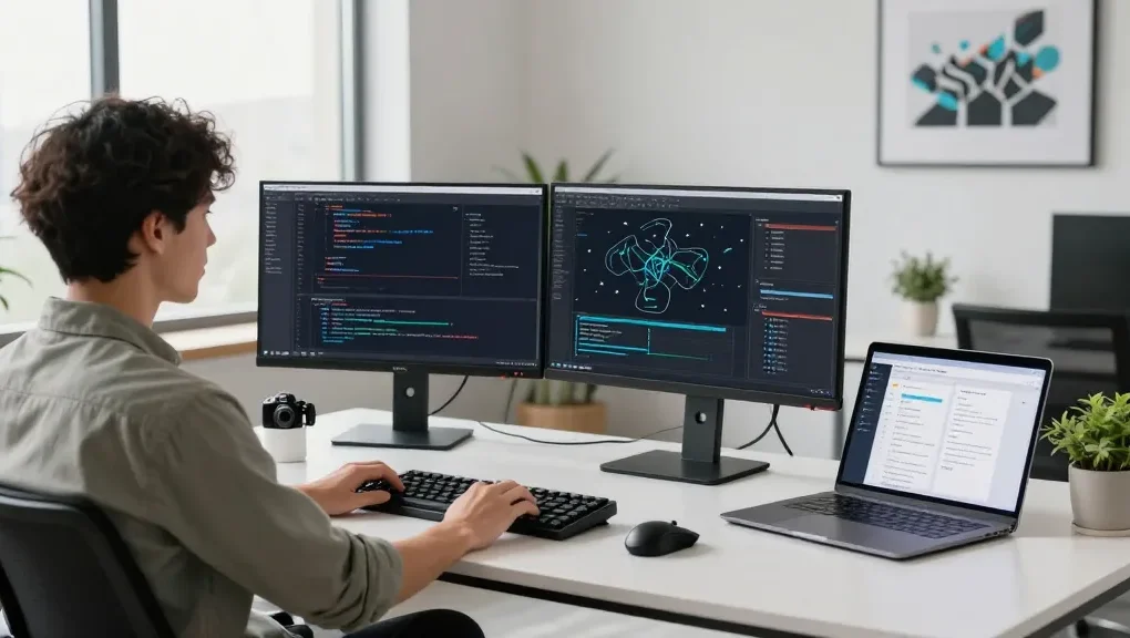 快连技术支持的现代办公环境，软件工程师专注于编写代码，展现高效工作氛围。