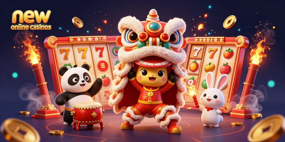 Experience new online casinos with a lively scene including a lion dance, panda, and vibrant gaming elements.
