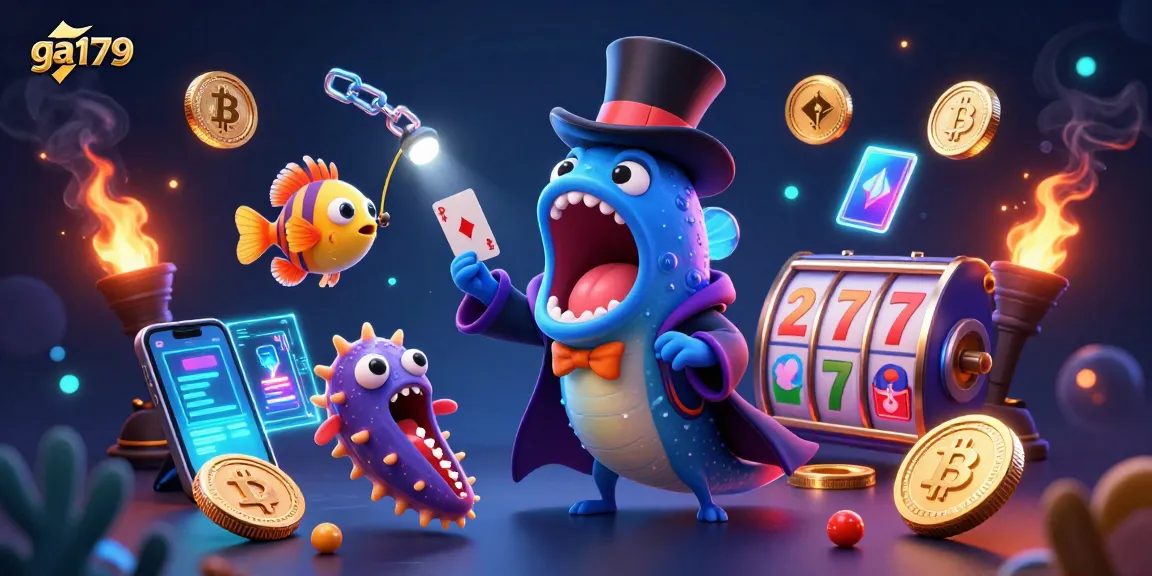 Experience thrilling ga179 card tricks in a vibrant cryptocurrency-themed casino scene.