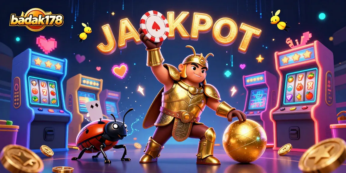 Experience the thrill of gaming with badak178, featuring a victorious beetle and vibrant casino symbols.