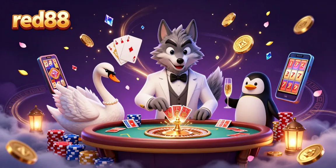 Experience thrilling baccarat with red88's debonair wolf, elegant swan dealer, and sophisticated penguin