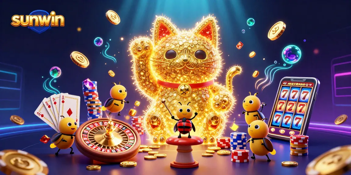 Experience sunwin's vibrant casino world with golden fireflies and lively gaming elements.