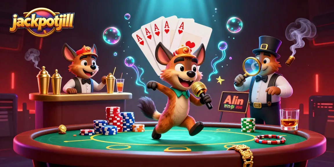 Experience fun with jackpotjill in a vibrant casino scene featuring cartoon hyenas engaging in lively entertainment.